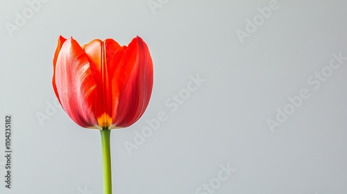 A single vibrant red tulip against a soft grey background, close-up shot, Minimalist style