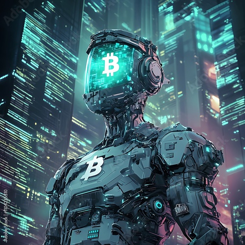 Futuristic robot with bitcoin symbol urban cityscape digital art nighttime cyberpunk concept for seo impact