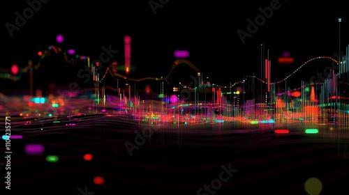 A vibrant digital stock chart with a mix of candlestick patterns and colorful indicators