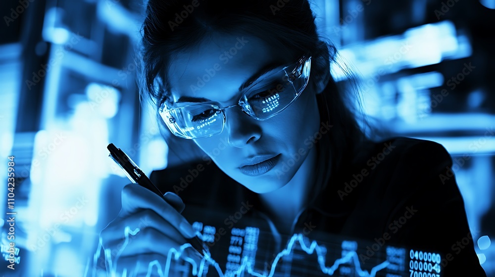 A financial analyst writing on a transparent board overlayed with a digital stock chart A financial analyst writing on a transparent board overlayed with a digital stock chart