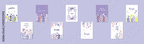 Floral Romantic Greeting Card for Valentine Day Vector Set