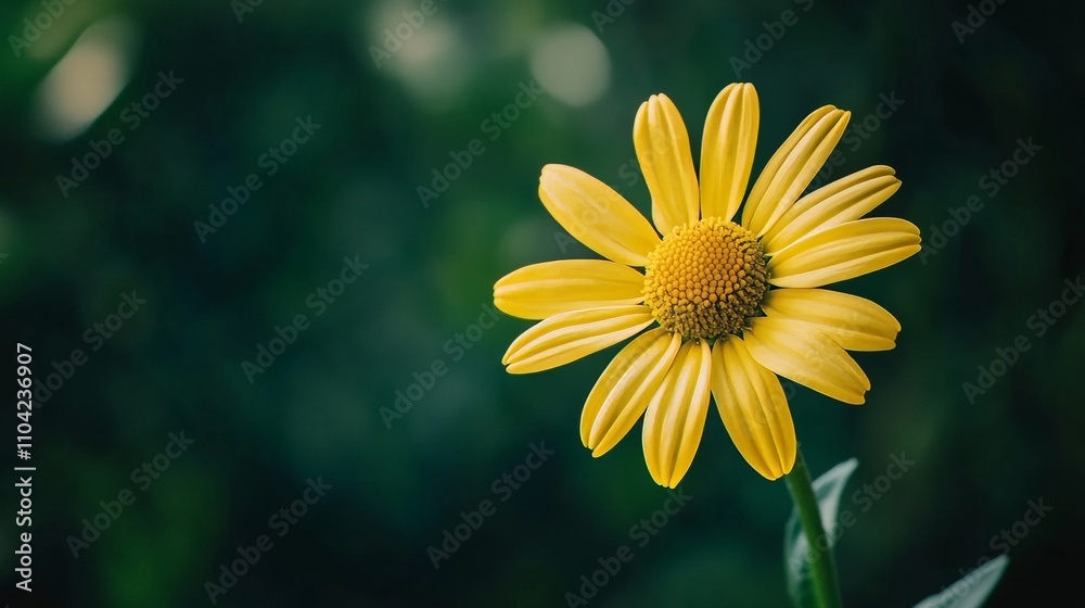 Obraz premium A single vibrant yellow daisy against a deep forest green background, artistic close-up shot, Minimalist style