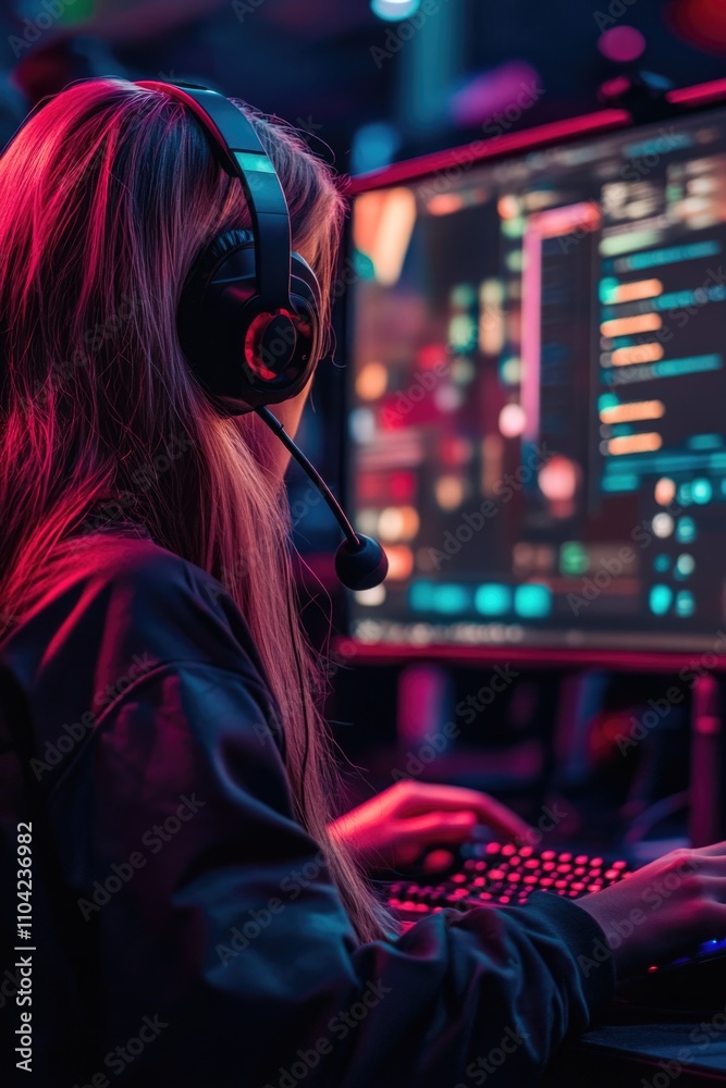 A woman wearing a headset and using a keyboard, sitting at her computer workspace with a monitor and mouse. A woman wearing a headset and using a keyboard, sitting at her computer workspace with a monitor and mouse.
