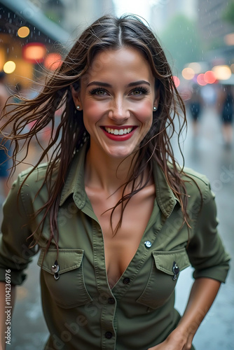 A happy woman on the street in rainy weather