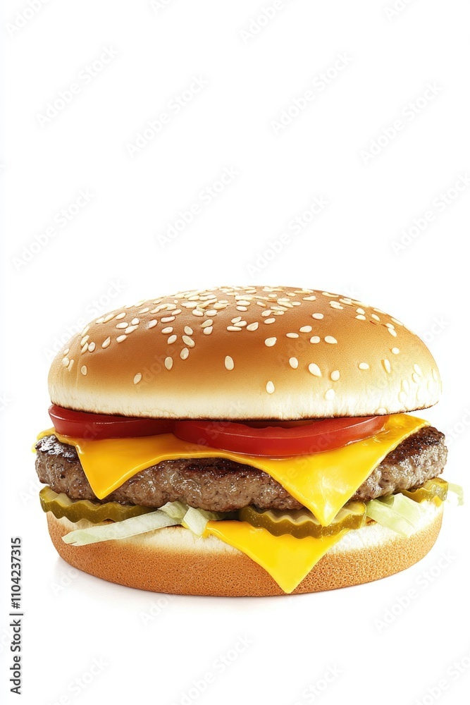 Freshly made burger with lettuce, tomato, cheese and pickle on a bun. Freshly made burger with lettuce, tomato, cheese and pickle on a bun.
