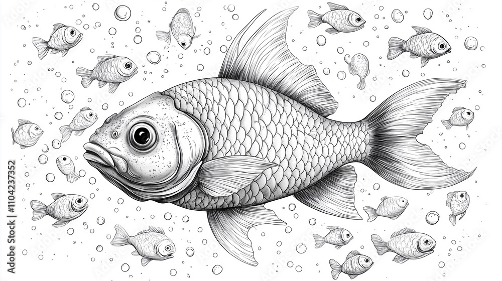 Fototapeta premium Stylized cartoon fish among small fish on a white background. Sketch for coloring. 