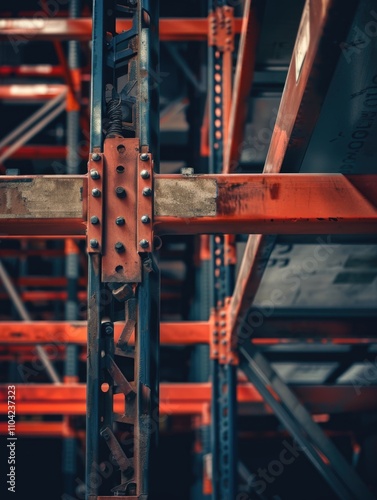 Red metal racks with metal support beams inside warehouse setting.