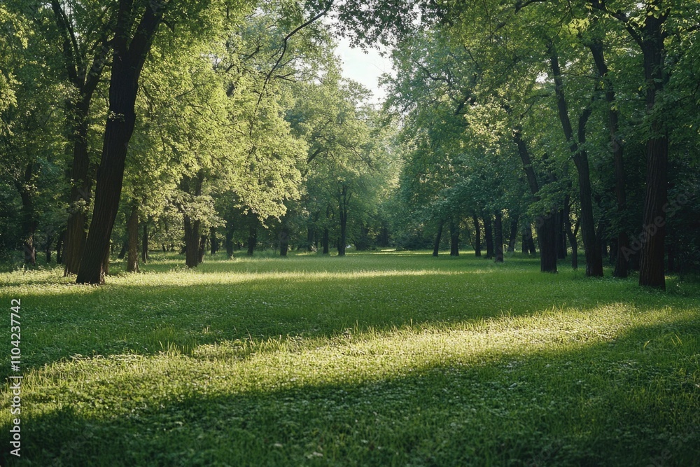Wide sunny path in tranquil park with abundant greenery and wildflowers. Wide sunny path in tranquil park with abundant greenery and wildflowers.
