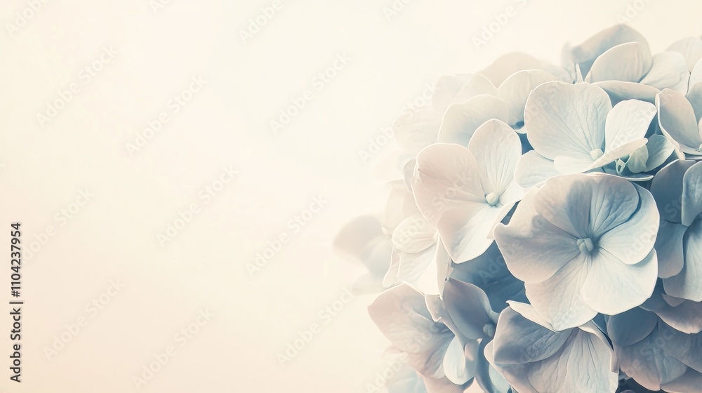 Obraz premium A soft blue hydrangea against a warm cream background, close-up shot, Minimalist style