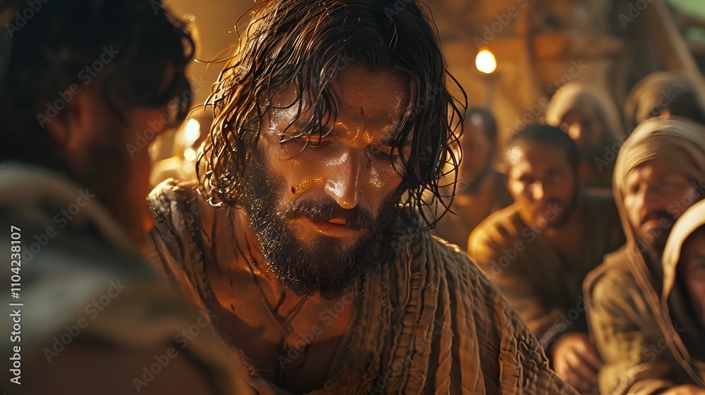 A close-up of Jesus healing a poor man’s swollen hand, the humble room filled with disciples witnessing the miracle, warm light highlighting their faces, detailed background with simple furnishings, A close-up of Jesus healing a poor man’s swollen hand, the humble room filled with disciples witnessing the miracle, warm light highlighting their faces, detailed background with simple furnishings,