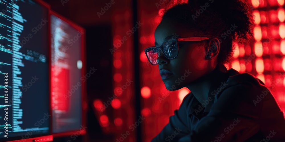 A woman is focused on a computer screen in the dark, lit only by the red lights from the keyboard. A woman is focused on a computer screen in the dark, lit only by the red lights from the keyboard.