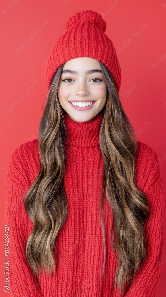 Woman wears red sweater and hat against solid red background for winter fashion look Woman wears red sweater and hat against solid red background for winter fashion look