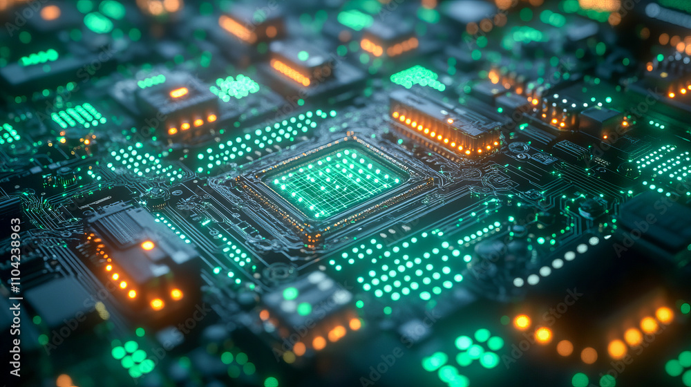 Glowing circuit board with green and orange lights in high-tech setting Glowing circuit board with green and orange lights in high-tech setting