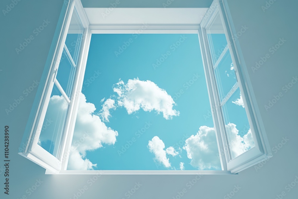 Serene view of blue sky and fluffy clouds from an open window Serene view of blue sky and fluffy clouds from an open window