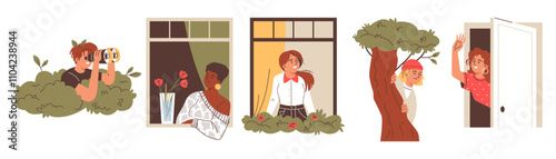 Vector illustration of a set of peeping people on an isolated background.