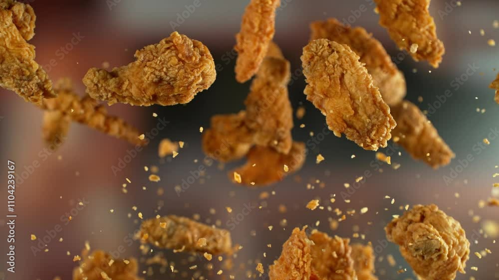 Super slow motion of flying tasty chicken pieces with camera movement. Filmed on high speed cinema camera, 1000 fps. Super slow motion of flying tasty chicken pieces with camera movement. Filmed on high speed cinema camera, 1000 fps.