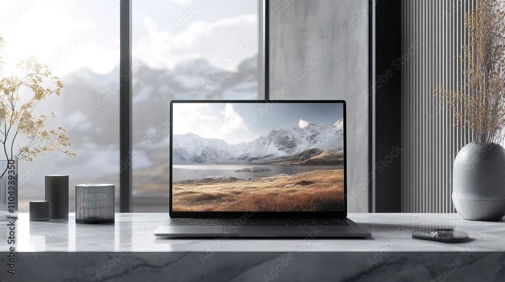 Fototapeta premium A minimalistic and clean workspace setup featuring a sleek laptop