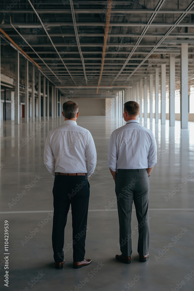 Fototapeta premium Business professionals assess empty warehouse space in modern industrial setting