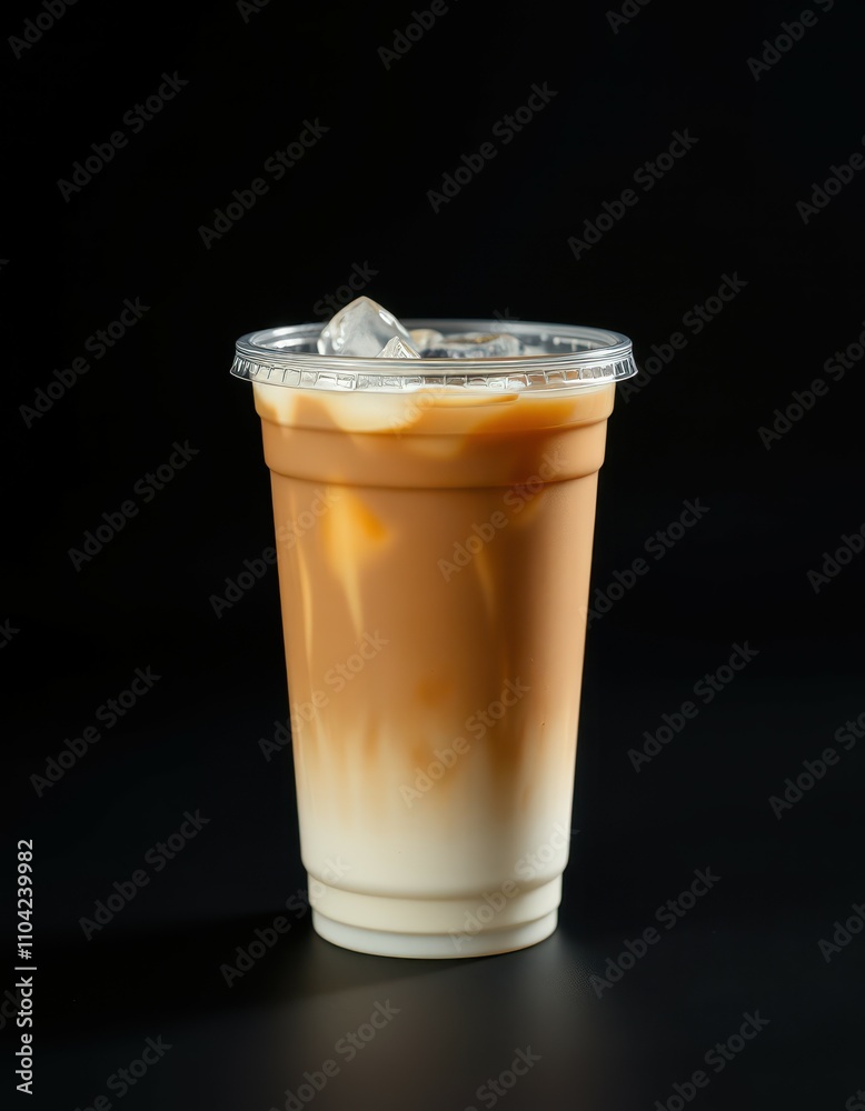 Colorful layers of iced coffee in a clear cup on a dark background Colorful layers of iced coffee in a clear cup on a dark background
