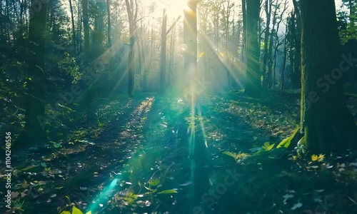 Sunbeams streaming through the lush forest canopy