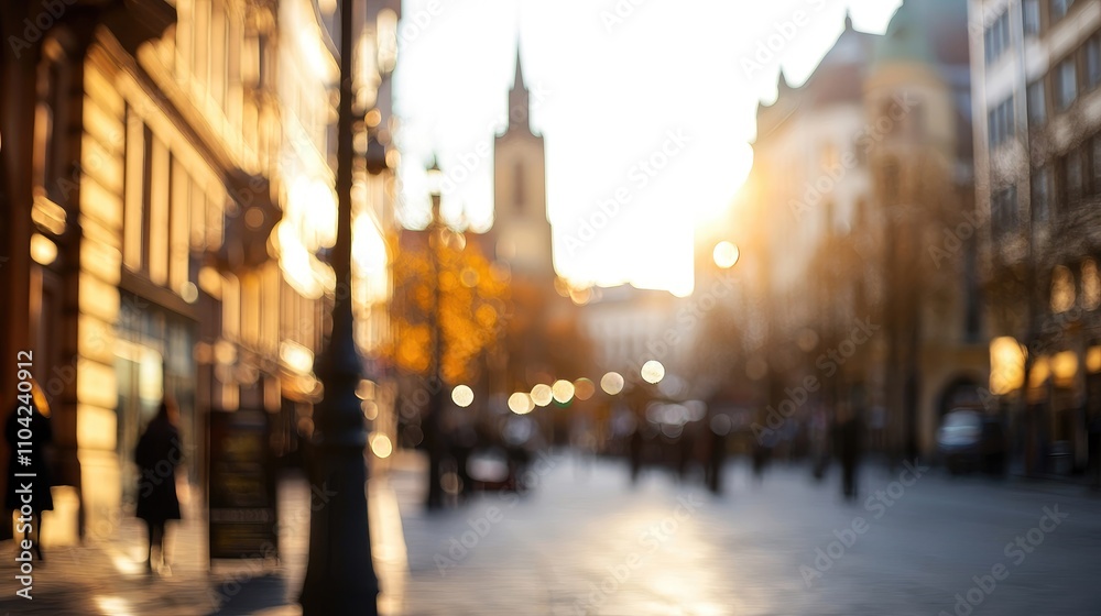 Fototapeta premium Blurred City Street Scene with Warm Sunset Glow and Urban Vibes