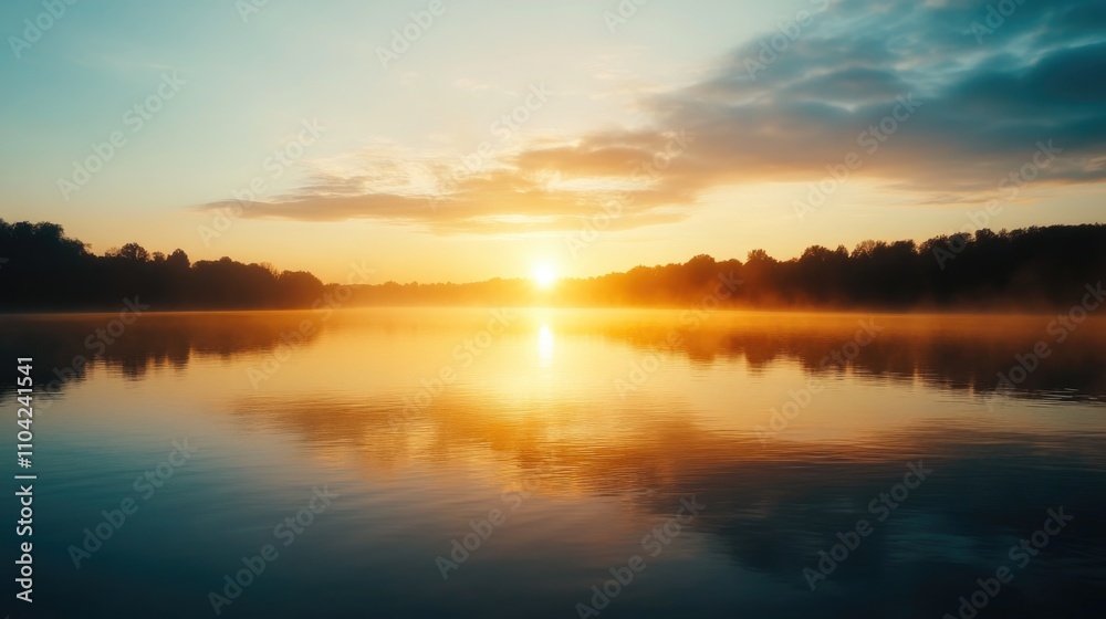 A serene landscape at dusk with the sun setting and reflecting on the water's surface. A serene landscape at dusk with the sun setting and reflecting on the water's surface.