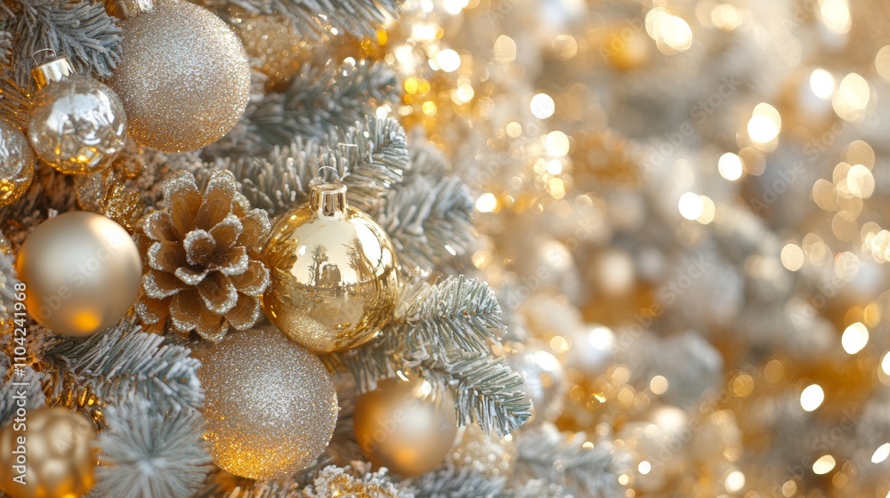A majestic Christmas tree adorned with shimmering gold ornaments and rustic pine cones, radiating warmth and holiday cheer. A majestic Christmas tree adorned with shimmering gold ornaments and rustic pine cones, radiating warmth and holiday cheer.