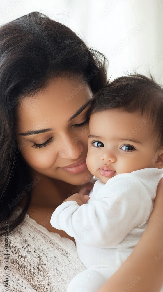 Mother gently holds her smiling baby close in a cozy indoor setting during soft daylight hours Mother gently holds her smiling baby close in a cozy indoor setting during soft daylight hours
