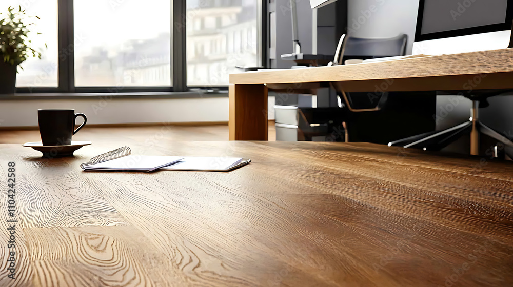 Fototapeta premium A wooden desk with a cup of coffee and a notebook on it