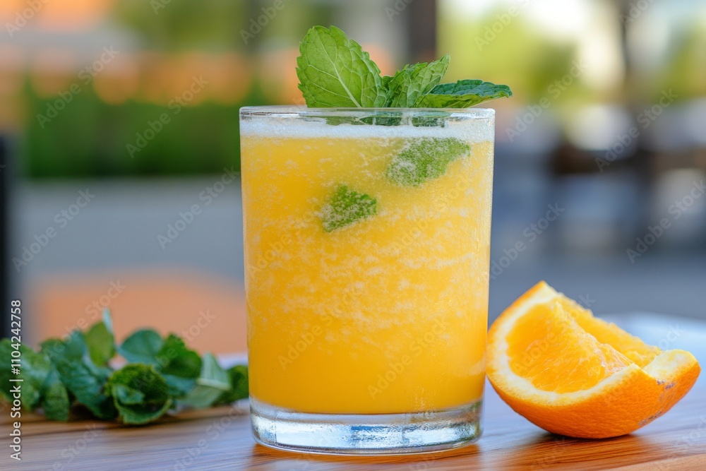 Fototapeta premium Refreshing citrus drink garnished with mint in a stylish glass on a wooden surface