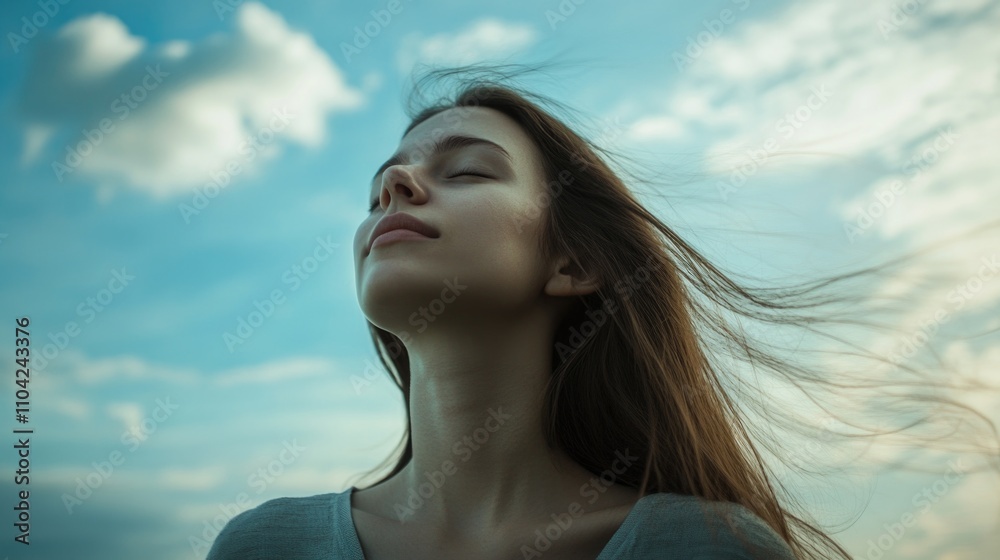 A woman with her eyes closed, exhaling a deep breath, with a serene and thoughtful expression on her face, set against a backdrop of blue sky with scattered clouds.