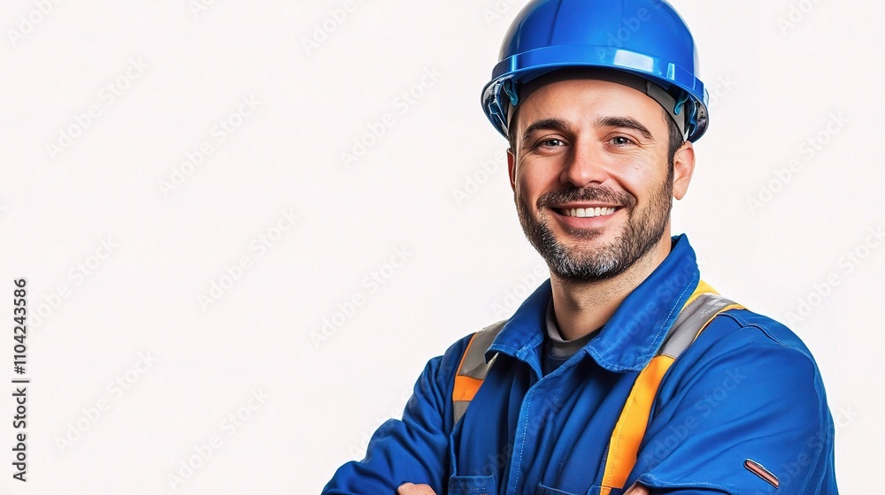 Smiling Male Worker in Blue Uniform and Hard Hat on White Background Smiling Male Worker in Blue Uniform and Hard Hat on White Background