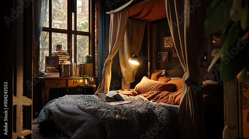 Cozy bedroom with a canopy bed featuring textured bedding and warm lighting for a relaxing atmosphere