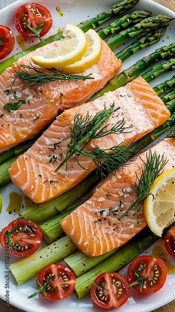 Vibrant dish features salmon fillets on a bed of asparagus with fresh lemon slices and cherry tomatoes.