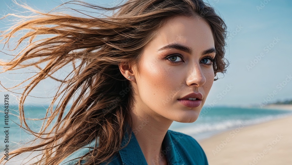 A young woman stands on the beach with windswept hair and beauty. A young woman stands on the beach with windswept hair and beauty.