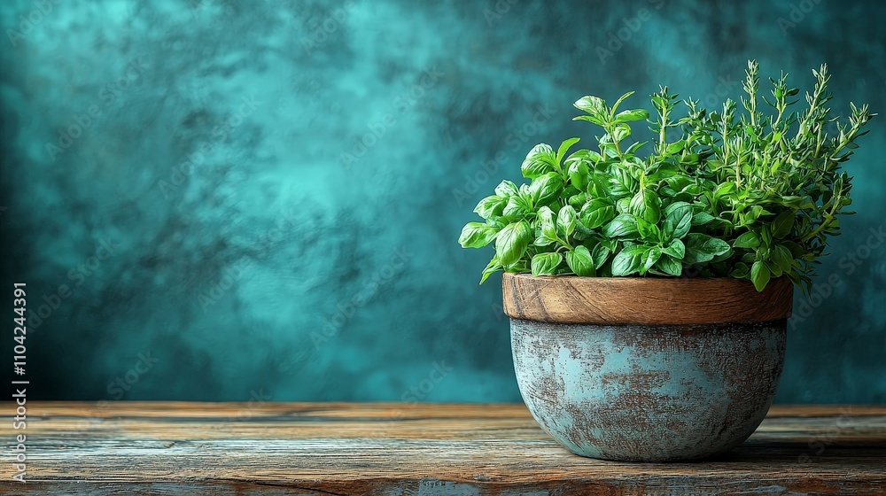A rustic pot filled with fresh herbs against a textured teal background. A rustic pot filled with fresh herbs against a textured teal background.