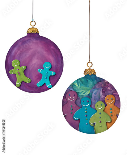 Two cut paper illustrations of gingerbread-themed baubles in bold cool colours photo