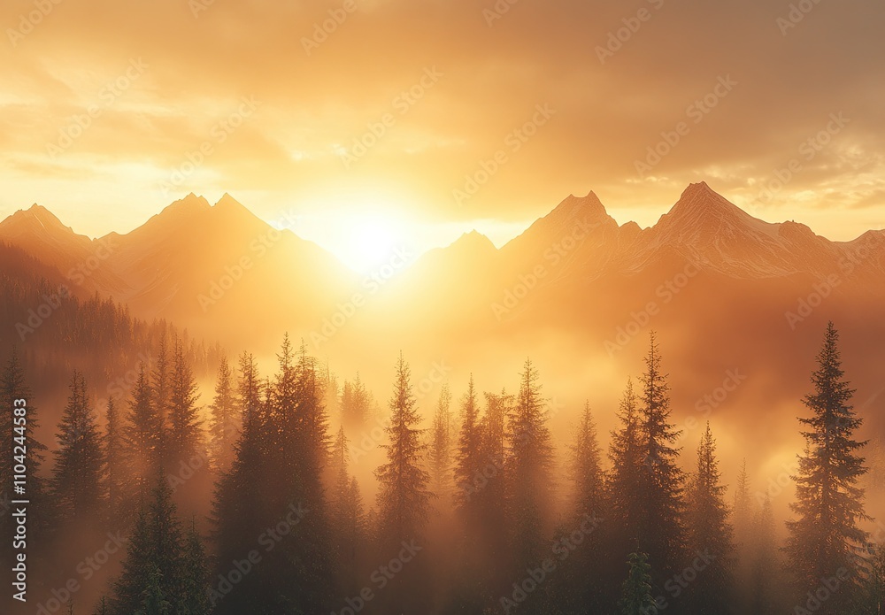 Golden Sunrise Over Mountains and Forests Golden Sunrise Over Mountains and Forests