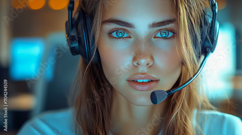 Young caucasian female call center agent with headset in a modern office setting photo