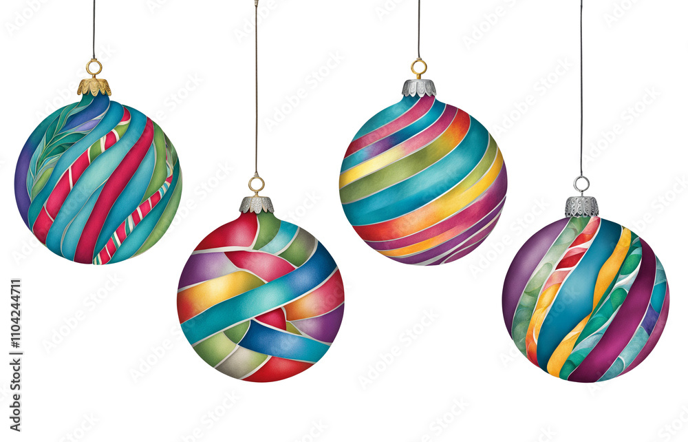 Four cut paper illustrations of candy-cane-inspired baubles in bold cool colours Four cut paper illustrations of candy-cane-inspired baubles in bold cool colours