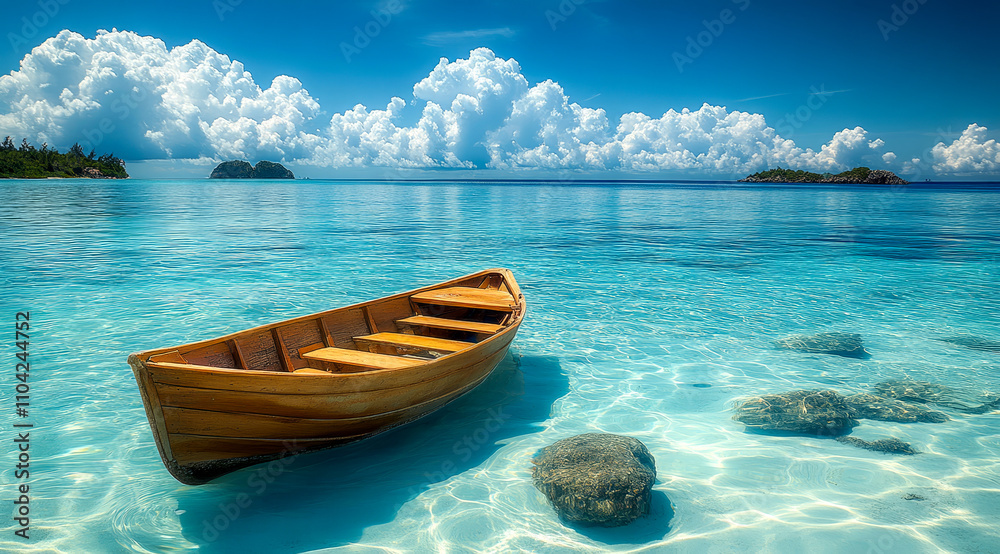 Naklejka premium Serene tropical seascape with wooden boat and clear blue water