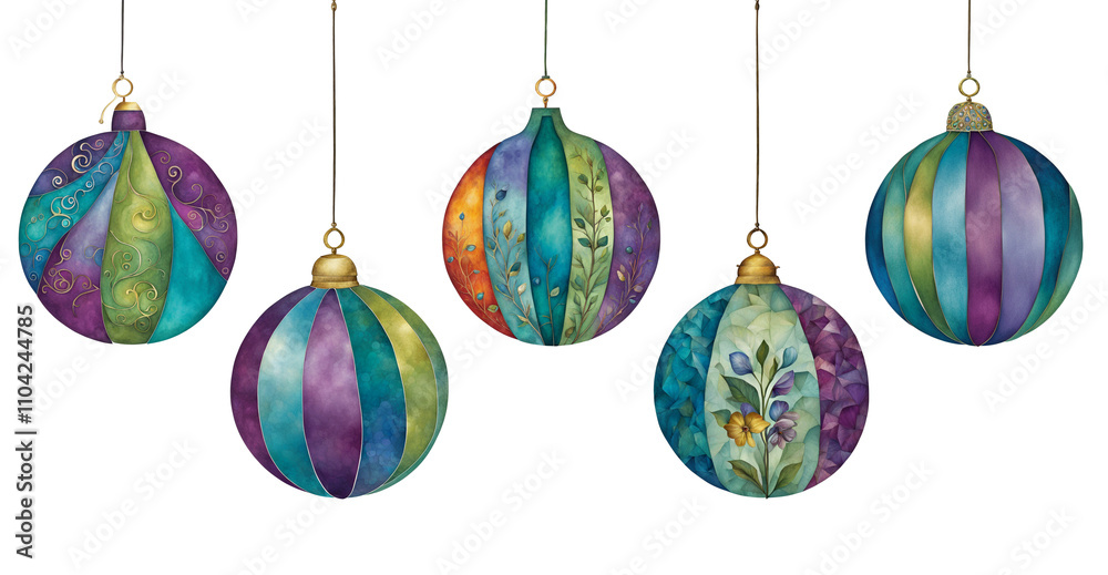 Five cut paper illustrations of baubles in bold cool colours Five cut paper illustrations of baubles in bold cool colours