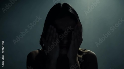 Dramatic Portrait of Woman with Hands in Hair in Dim Light