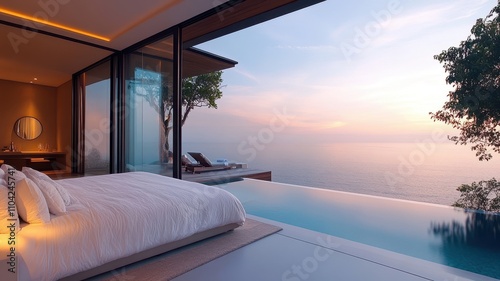 A serene bedroom with an ocean view, featuring a luxurious bed and an infinity pool, bathed in soft light during sunset.