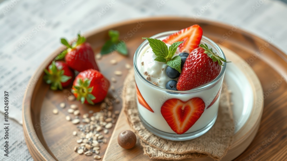 Delicious yogurt parfait with fresh strawberries and blueberries on a wooden plate in natural lighting Delicious yogurt parfait with fresh strawberries and blueberries on a wooden plate in natural lighting