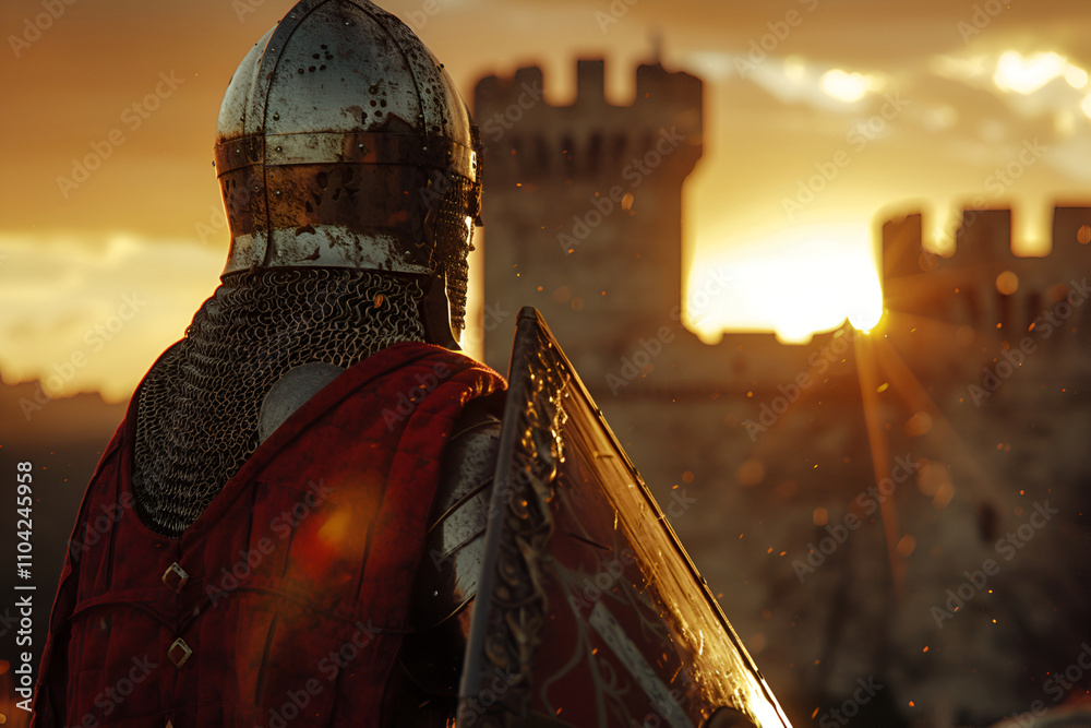 Medieval knight at sunset in majestic castle setting Medieval knight at sunset in majestic castle setting