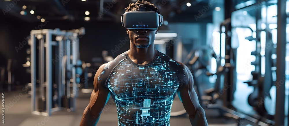 Muscular man in VR headset at gym. Muscular man in VR headset at gym.
