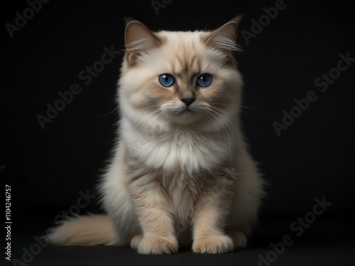 Baby Birman cat standing, isolated on black background.