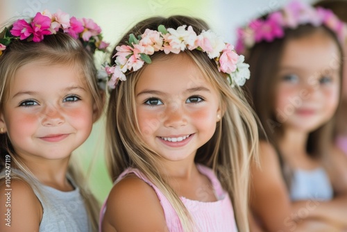 Joyful children wearing flower crowns during a sunny outdoor celebration