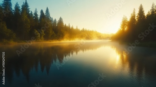 A serene river at sunrise, surrounded by mist and tall trees, creating a peaceful and picturesque natural landscape.